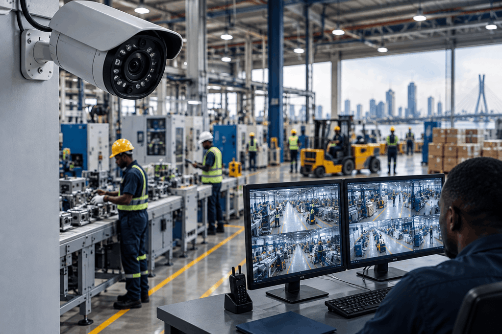 Smart CCTV and remote monitoring system inside a modern factory in Lagos, with AI-enabled security cameras, factory workers, and live CCTV feeds displayed on monitoring screens.